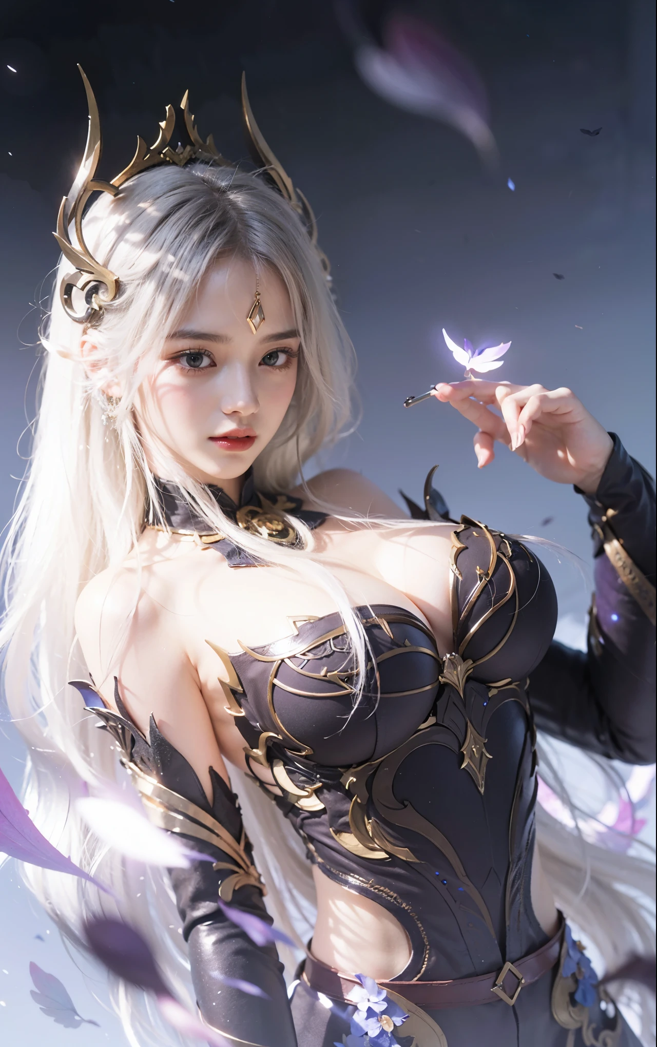 (masterpiece, top quality, 1 female, solo, exquisite details, chromatic aberration), (realistic), (skin), ((breathing)), (silver hair, blunt bangs, short straight long hair, short bangs, silver hair), beautiful hair, red headdress, blue highlights, hair over one eye, pretty eyes, purple eyes, thick lips, earrings, piercing eyes, ((gold and white kimono)), ((symmetrical eyes)), ((perfectly symmetrical body)), ((perfectly symmetrical hands)), (purerosface_v1:0.3), night, ((self, natural light))), bright lighting, flowers blooming in the background, in front of the viewer, ((central shot, from the front, (face and shoulders))), mysterious atmosphere, flowers blooming around, light colored background, fortune teller in kimono, beautiful fortune teller, fortune teller, fantasy female fortune teller, female fortune teller, f Fantasy photography, magician, witch fairy tale, Japanese style, elegant cinematic fantasy art, fantasy woman, sorceress portrait, casting spells, fortune teller, powerful wizard stands among mystical colorful flowers, fluttering robes adorned with symbols, holding a glowing heart crystal ball, eyes glowing with mystical energy, spells leaking from his mouth, vivid swirling patterns of black magic pulsating with iridescent hues appear in the air, magic permeates, flowers bloom, sacred creatures gaze in awe, threads of magical energy dance, revealing hidden realms, unravelling secrets, capturing the essence of this enchanting moment and bringing to life the mystical power of witchcraft on a canvas of the highest quality and finest detail. Top Quality, Masterpiece, Ultra High Resolution, (Photorealistic: 1.4), RAW Photo, Sharp Focus, High Resolution, Detailed Skin.