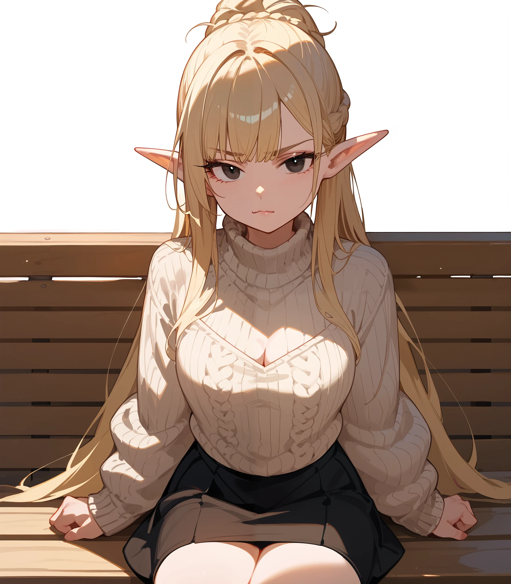 alone,Elf Ear Girl ,Light golden blonde hair, in black eyes, Light Gold Bronze Sweater,sulk, white background, mid-chest,Fierce face,Bangs,I tied my hair,cute,Long black skirt,Wear a skirt,Sitting on a bench