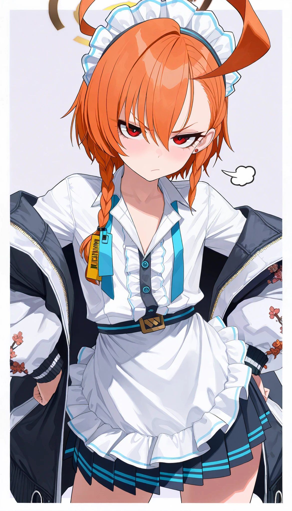 (best quality, highest quality:1.2), masterpiece, top quality, ultra high definition, rich contrasts, HD,8k, High Definition CG Unit Wallpaper, texture , Unbelievably Absurd, ultra high definition, RAW photos ,Deep border 1 .2, very detailed, halo, print jacket, white shirt, pleated skirt, frills, frilled apron, looking at viewer, maid headress, bimbo, cute, orange hair, red eyes, flat chest, annoyed,