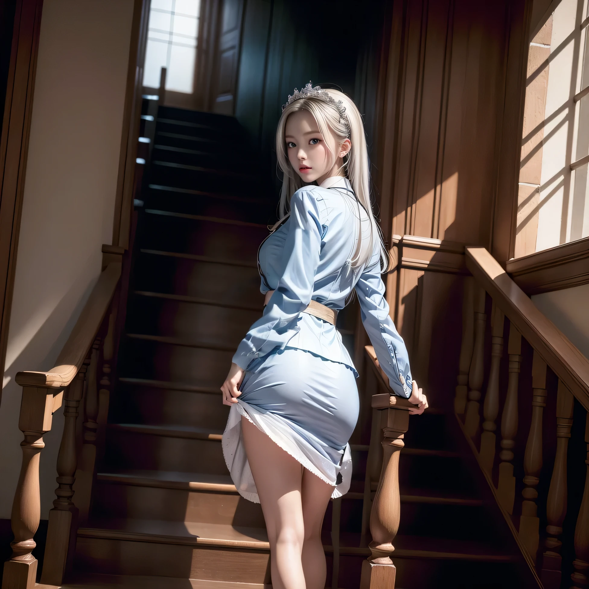 Female pervert，Big chest，Thin waist，Short skirt，full bodyesbian，Skin whitening，ass big，legs long，white  clothes，white color hair