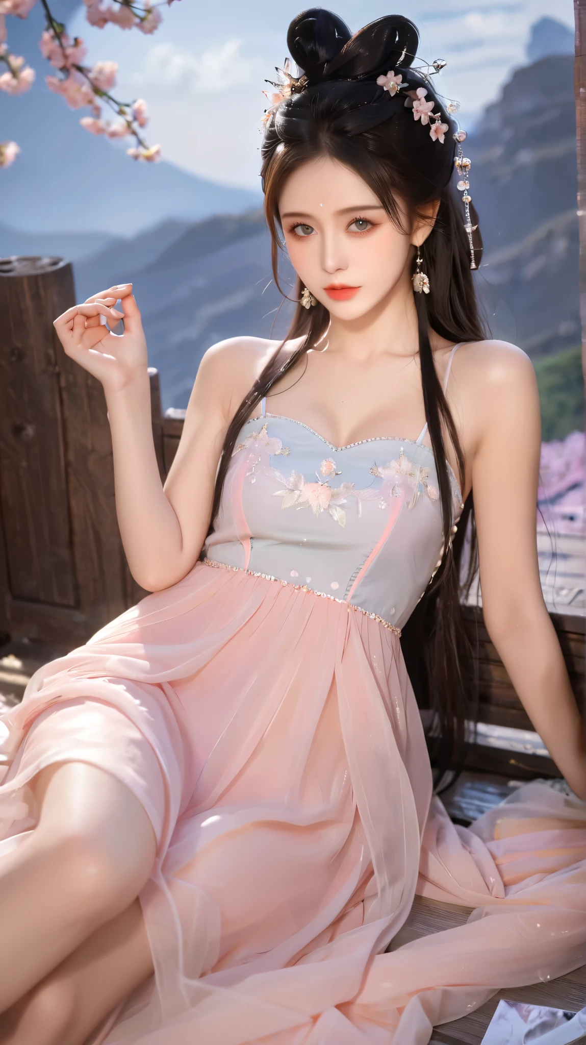( masterpiece,Super Fine, best quality:1.5),(8K,CG,illustration:1.4),(perfect-composition, exquisite and beautiful face ,Cleansing the skin,Photographic Skin , shiny skin, shiny hair , Photography Hair, Extremely Detailed Eyes ,scrape,Uncensored,Ultra detailed background:1.2),(***Hot Girls:1),, Cowboy Shoots S4Kur4 ,transparent,Sakura dress,Sleeveless,Peach Blossom,spring，
Chiffon Hanfu