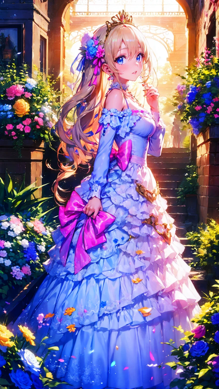 1girl,two side up,long hair,blonde hair,medium breasts,fusion of floral print kimono and ball gown,turquoise eyes,tareme,balcony,night,cowboy shot,