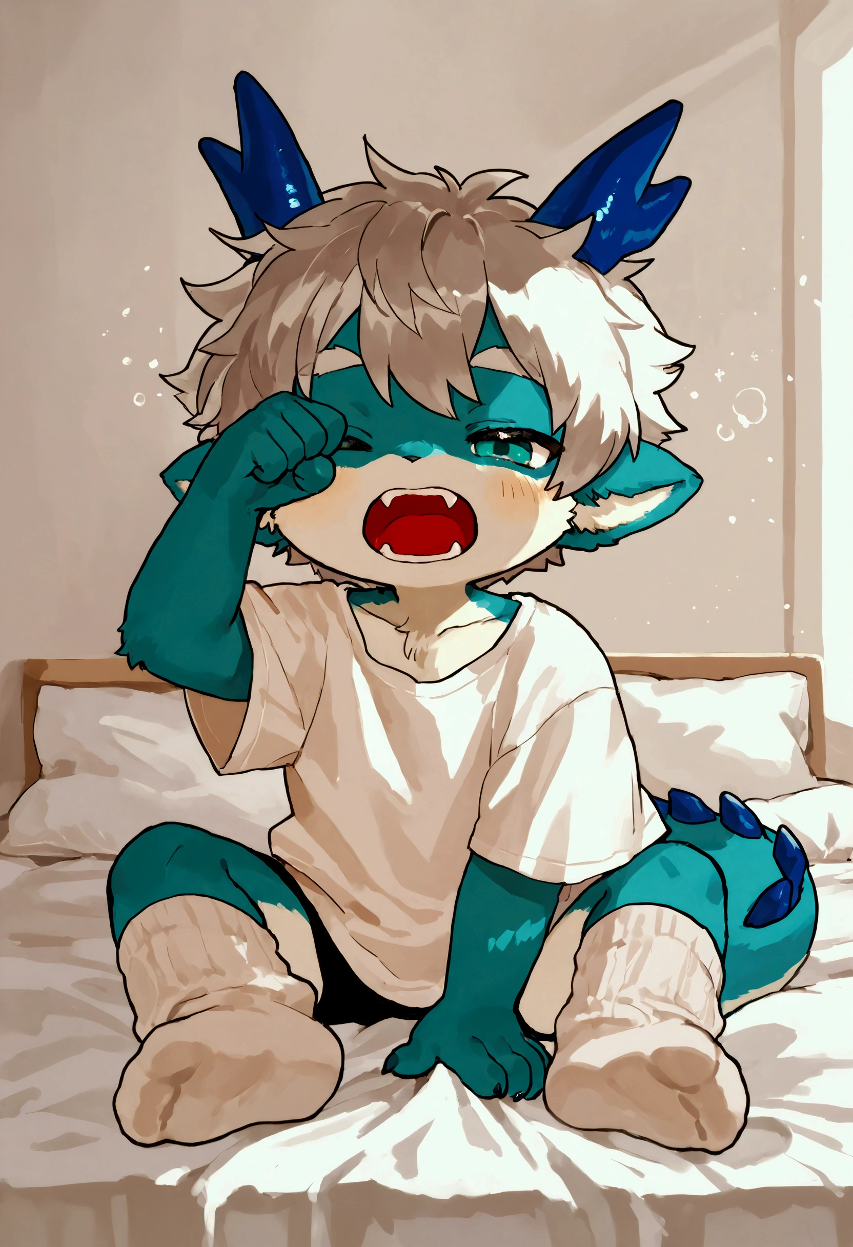 A male dragon have blue fur with 2 red horn on the head, yellow hair and purple eyes, having sex by a fat human old man, with body trembling and uncomfortable face