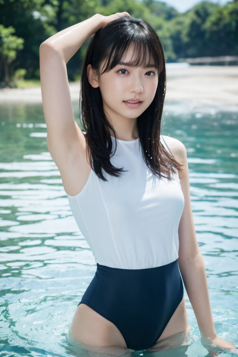 8K, Raw photo, Best Quality, Realistic, Photorealistic:1.2, ultra-detailliert,1girl in,Solo,Looking at Viewer,Best Quality,Ultra-detailed,High resolution,(Photorealistic, Realistic, Photorealsitic:1.2),Bangs,14years,((flat chest,slender)),(Smile:0.2),(onepiece swimsuit:1.2), Against the background of the blue sky, City Skyline