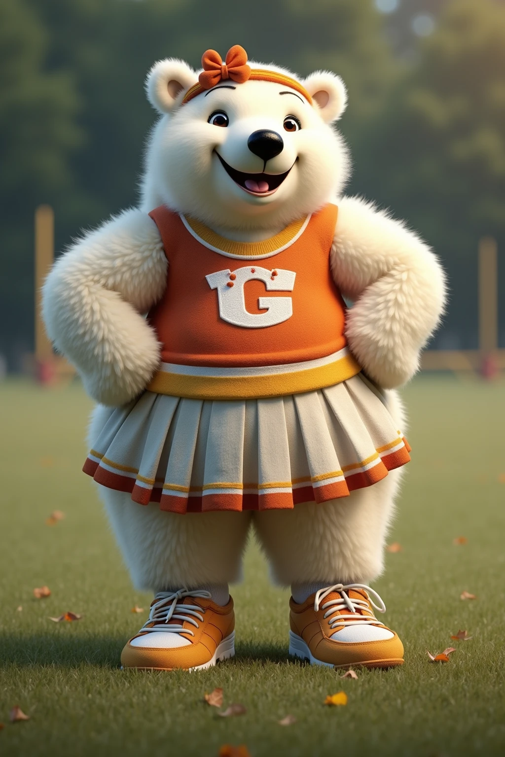 photorealistic portrait of Dressed animals - a ((fat)) cute polar bear cheerleader ,(action pose:1.5),(jumping:1.2),(happy smile),(furry), high quality,(lovely) ,intricate detailed decorations, highly detailed (cheerleader wear), skirt and sneakers, holding pom-poms, grass sports field background , (happy), perfect lighting,(full body image:2.0)