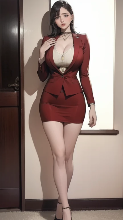 ((Biologically correct limb and finger count))、(( from head to toe、Full body photo including face))、4K、((standing position))、masterpiece、((focus on the face))、((Symmetrical facial features))、Eyes with detailed description、Beautiful woman、outstanding style、Detailed depiction of faces、earrings、necklace、(Red Uniform、suit)、shyness、OL、Work Scene
