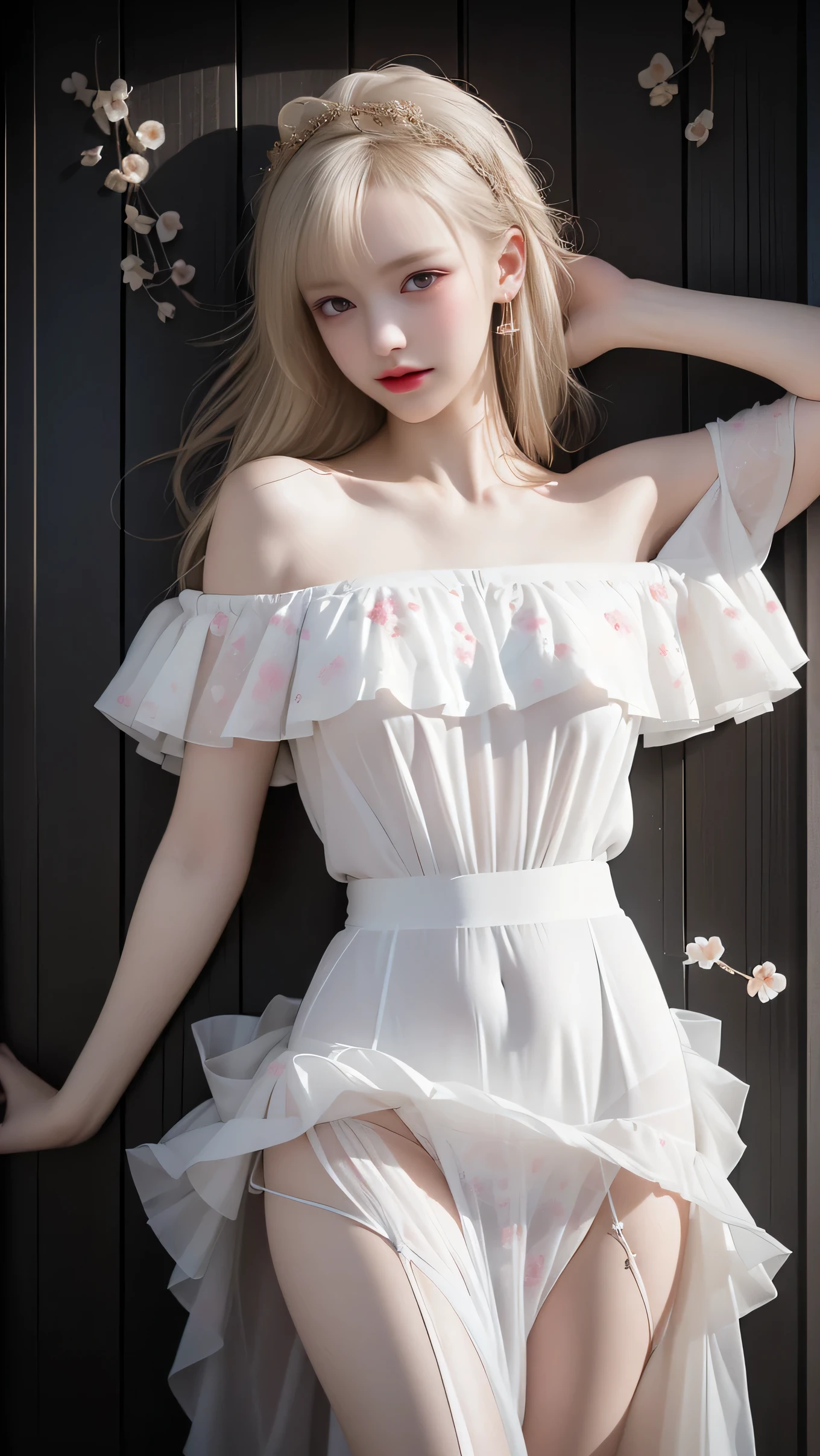 (((best quality))), (((ultra detailed))), (((masterpiece))), illustration,((1 beautiful little girl,solo,angel)),((fair skin,shoulder length straight blonde hair,blue eyes)),((slim,thin)),(earrings,crystal necklace),((bare back,towering hips,butt crack)),joyful expression,(flowing short-sleeved white sheer dress:1.3),((In heaven, garden setting)), vibrant flowers,(colorful flowers:1.3),lush grass, gentle breeze, (clear sky, fluffy clouds, shining sun),((from back,standing,upper body,thighs,pantyhose))