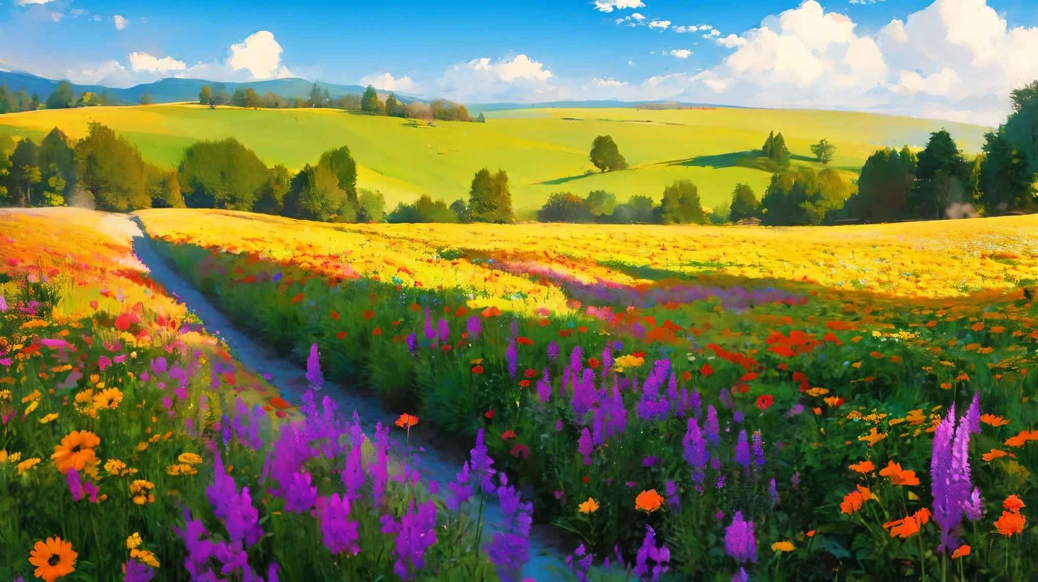 A is drawing with paint,Background meadow, Sky, looks up at the , Distant Scenery