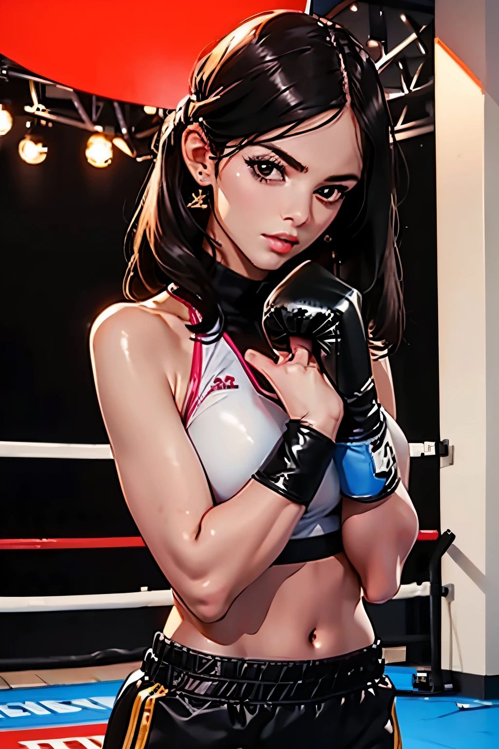  full-length photo  .  Beautiful woman . 28 years old . Romanian  .  Height 173 centimeters .  chest size 4  .  black hair .  brown eyes . Wearing a training uniform . is training. He is engaged in boxing .