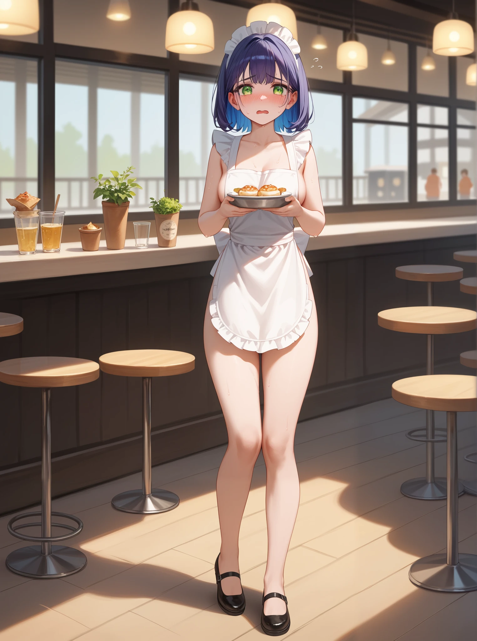 Detailed image, high quality, boy, Elio, cute, cafe, Cafe staff, Nude Apron, medium penis, smile, flaccid cock, Dressed, just penis, sole boy, up focus, Leg spread