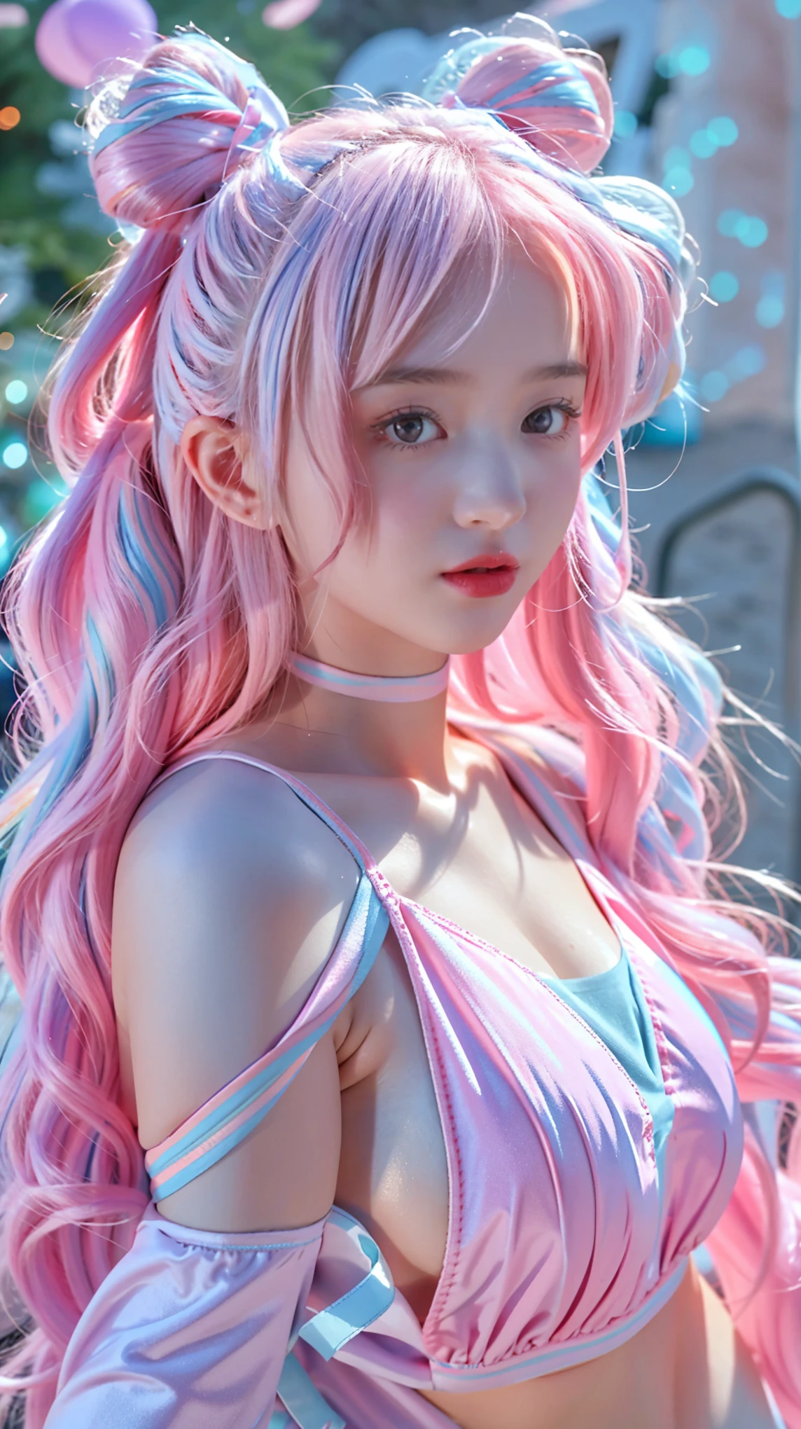 Adorable , Gorgeous , Beautiful , Russian , (Large Colossal Breasts) , 30 Years Old , White Skin , Bunny Cosplay Suit , Bunny Headband , Front Facing , Potrait , Top of The Mountain Background , Wind , ((Muscles:1.1)) , Long Hair Bangs , Blue Eye , ((Pink-Blue Pastel Coloured)) , ((Night:1.3)) , Standing , HDR , Ultra Detailed , EF 24-70mm f/2.8L II USM