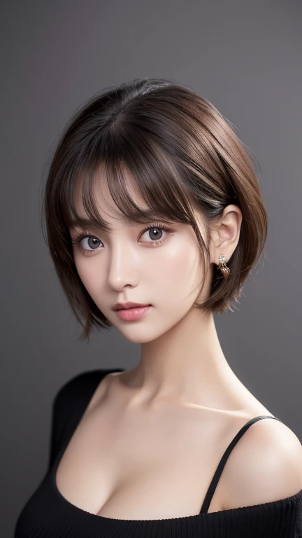 (masterpiece、highest quality、photorealistic、High resolution、photograph、:1.3)、close up shot、sharp focus、30 year old mature woman、small face、no makeup、Detailed beautiful eyes、bangs、dark brown hair、short cut hair、(realistic skin)、beautiful skin、charming、超High resolution、Super realistic、High definition、Camisa branca aberta,middlebre、small breasts、bust B cup、small breasts、cool beauty、Gray background、