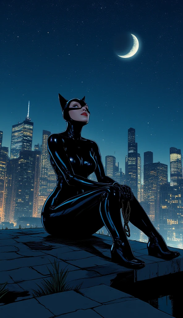 Catwoman on the roof of the house, night, moon, city in the background