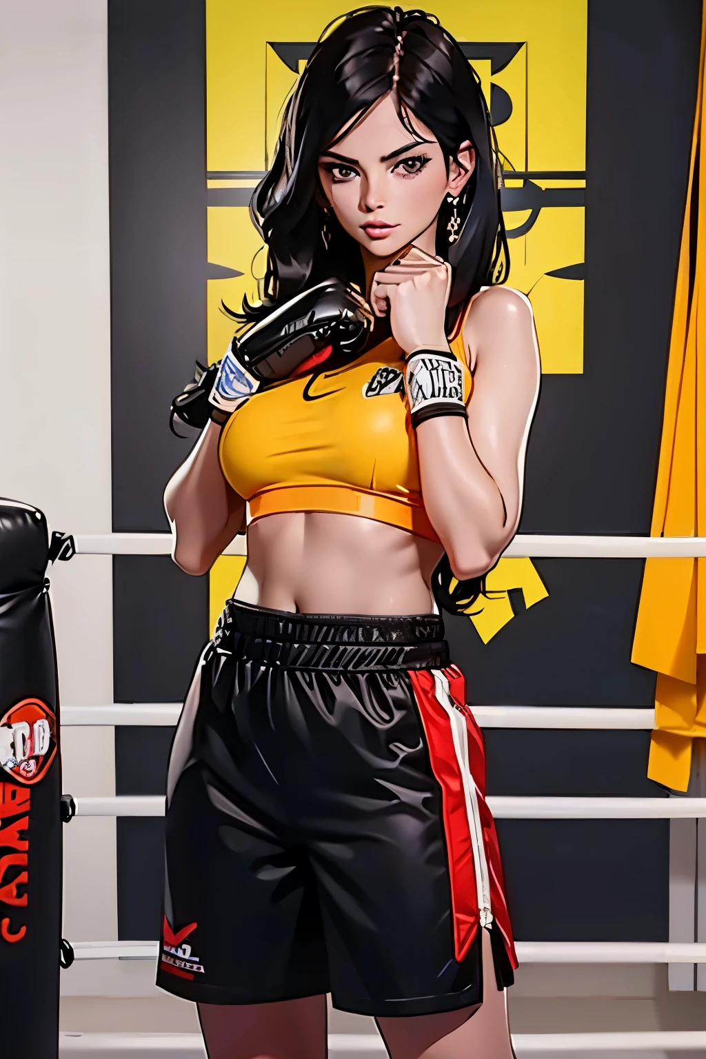 Detailed image, High quality, 4K, detailed face, anime style, single female arrogant boxer, 20 years old, sadistic, Japanese, beautiful black hairstyle, in a sexy boxing outfit, in boxing protective helmet, in short skirt with shorts, in yellow boxing gloves, stands near the boxing ring 