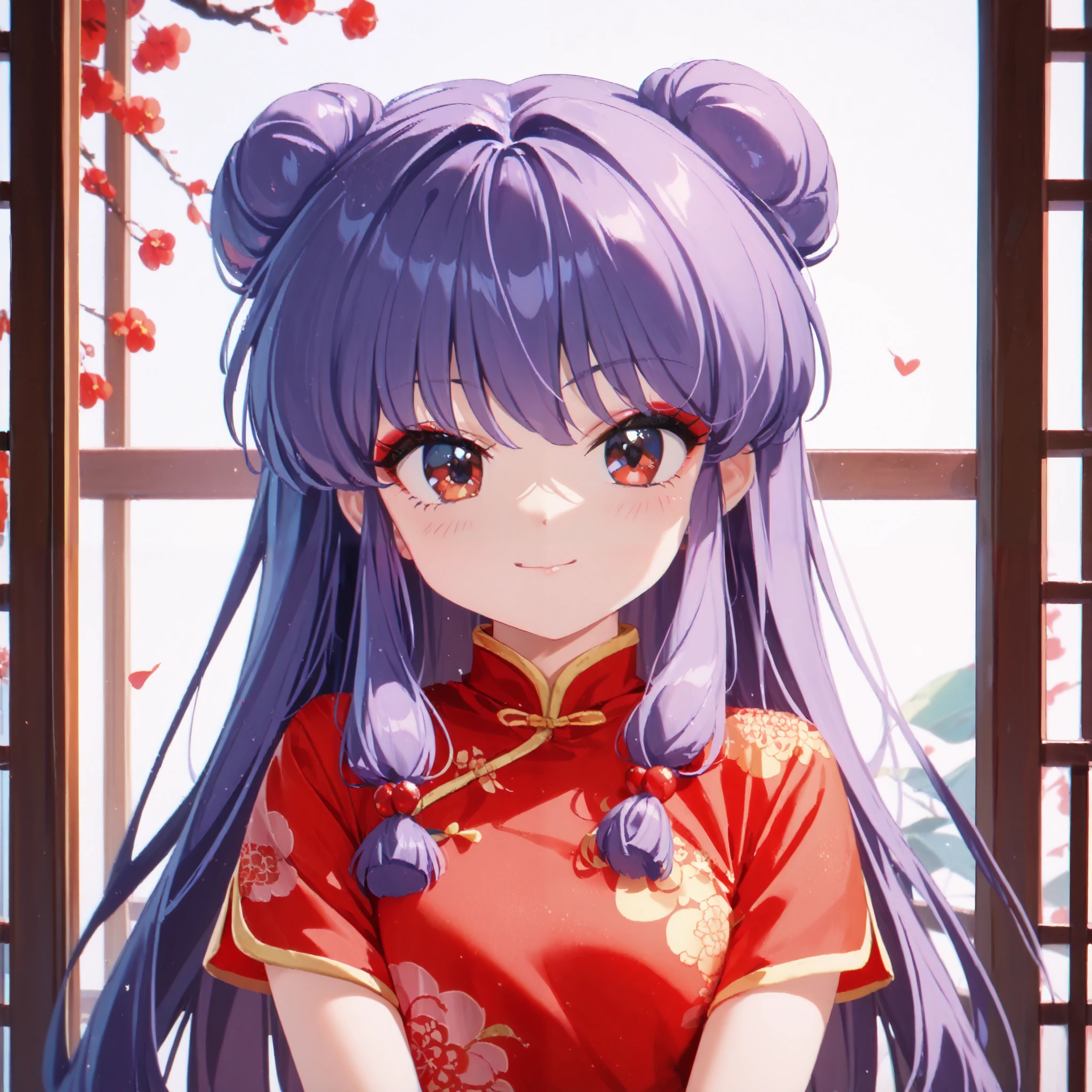 masterpiece, top quality , perfect face, Highest Resolution, 8k, 1 Girl, young, shampoo (Ranma 1/2), young, red eyes, long hair, purple hair, Detailed depiction of bun knot hair , Red eyeshadow, China Dress, I love you, A face in love, affectionate face