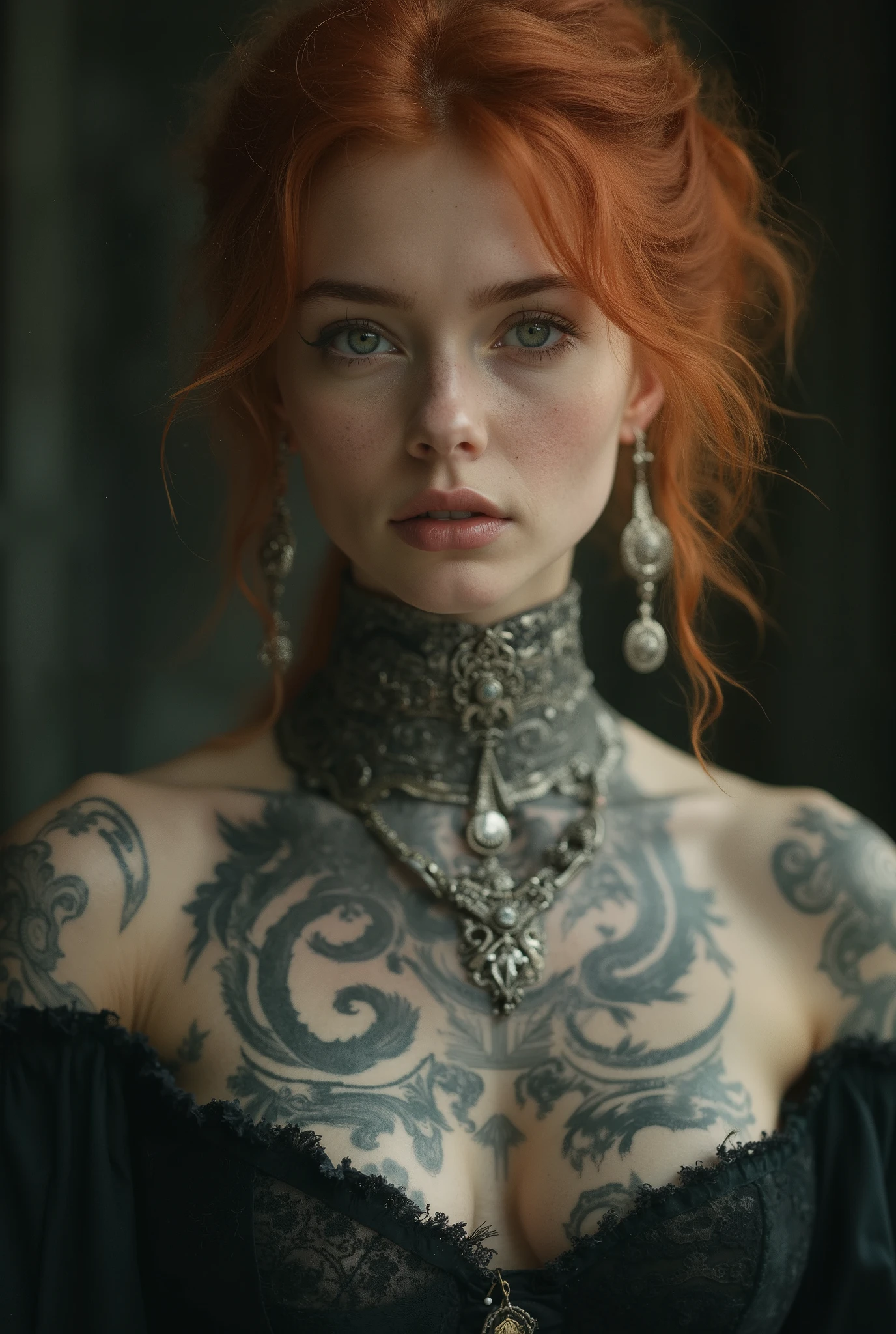 Arafed woman with red hair and tattoos on her chest - SeaArt AI