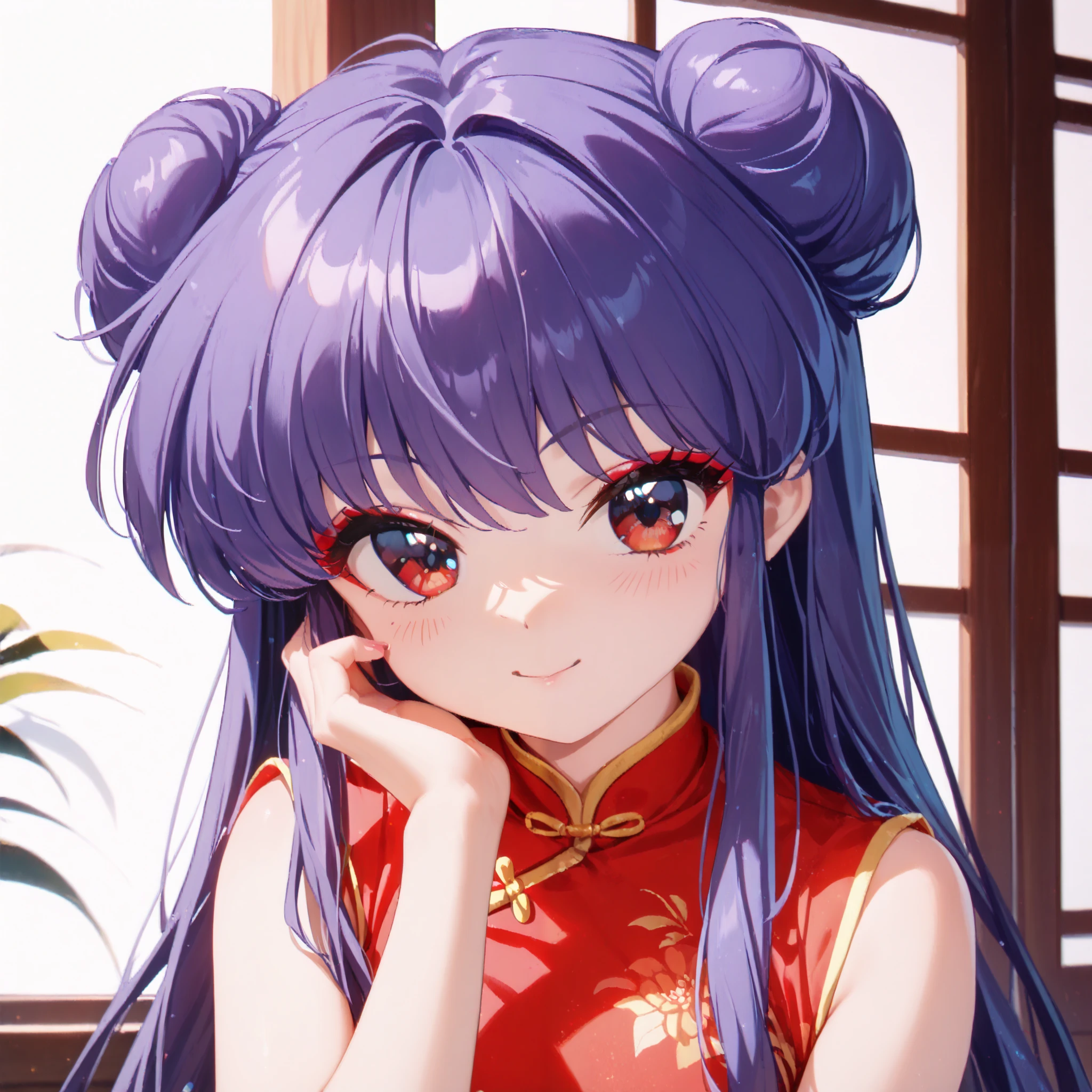 masterpiece, top quality , perfect face, Highest Resolution, 8k, 1 Girl, young, shampoo (Ranma 1/2), young, red eyes, long hair, purple hair, Detailed depiction of bun knot hair , Red eyeshadow, China Dress, I love you, A face in love, affectionate face