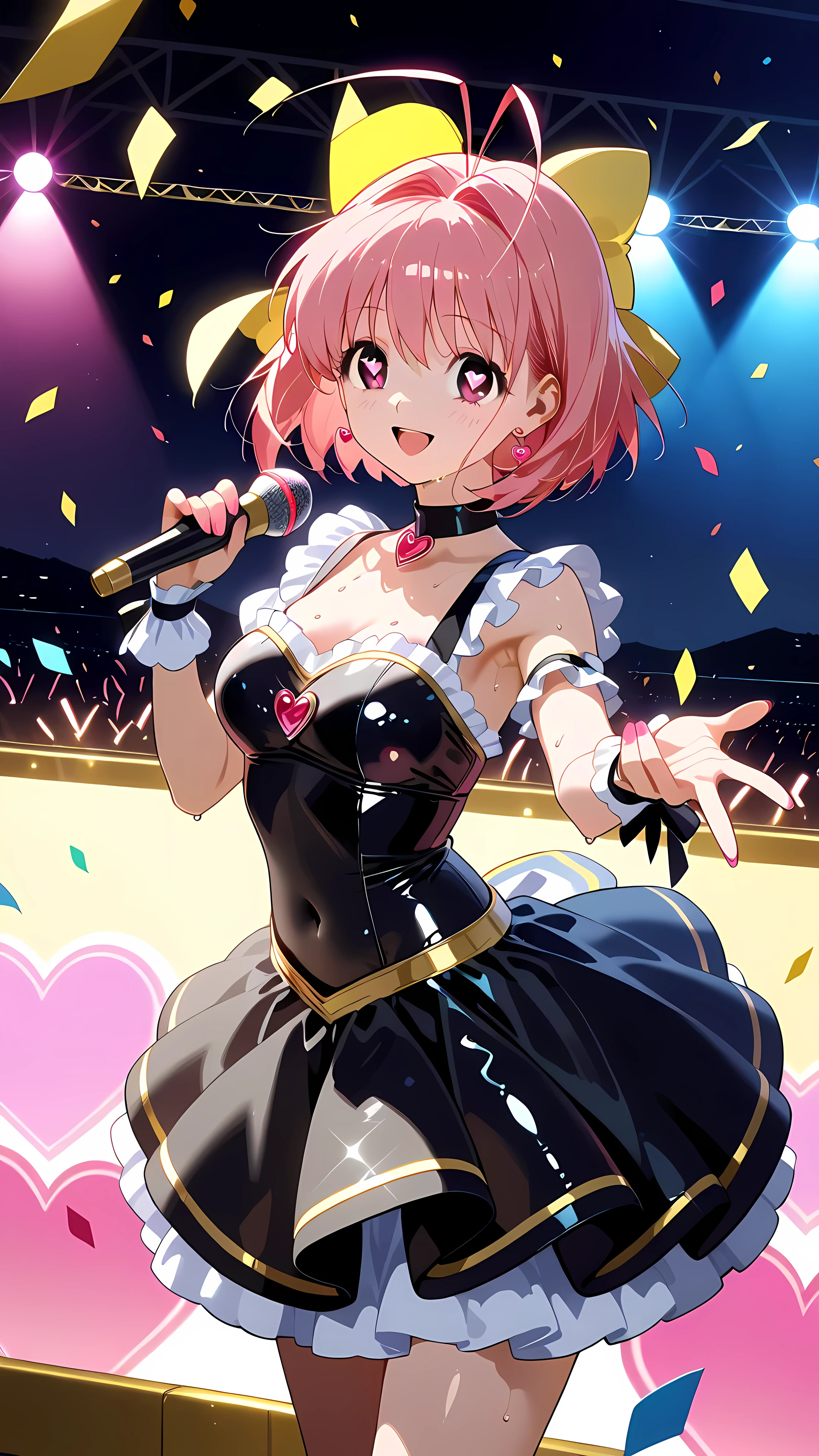 {kanon nakagawa}, short hair, (pink hair), {yellow hair bow}, (pink eyes), [heart eyes, heart-shaped, shiny heart eyes], antenna hair, Perfect anatomy, (She is the most Famous age Japanese idol girl), Idol girl wearing a intricate latex dress and dancing on stage with confetti, realistic and intricate idol dress,The torso of the idol dress is realistic and intricate, decorated with holographic colors., busty, B86, W56, H85, sweating:1.37, armpit, Armpit sweat, Navel, {viewfinder}, Photo credit：Camagurkha, pixiv Contest Winner, Conceptual Art, Night-core, Splash art anime , Sparkling Magical Girl, Best Anime 4K Konachan Wallpaper, Anime Moe Art Style, Detailed Key Anime Art, Official artwork, cute, cute in dress, Anatomically correct hand fingers, Anatomically correct five fingers of the hand, Show your hand, pink nails, Anatomically correct five fingers of the left hand, Jump, JK, Super detailed, Extremely detailed, masterpiece, high quality, best quality, add a Heart Effect
