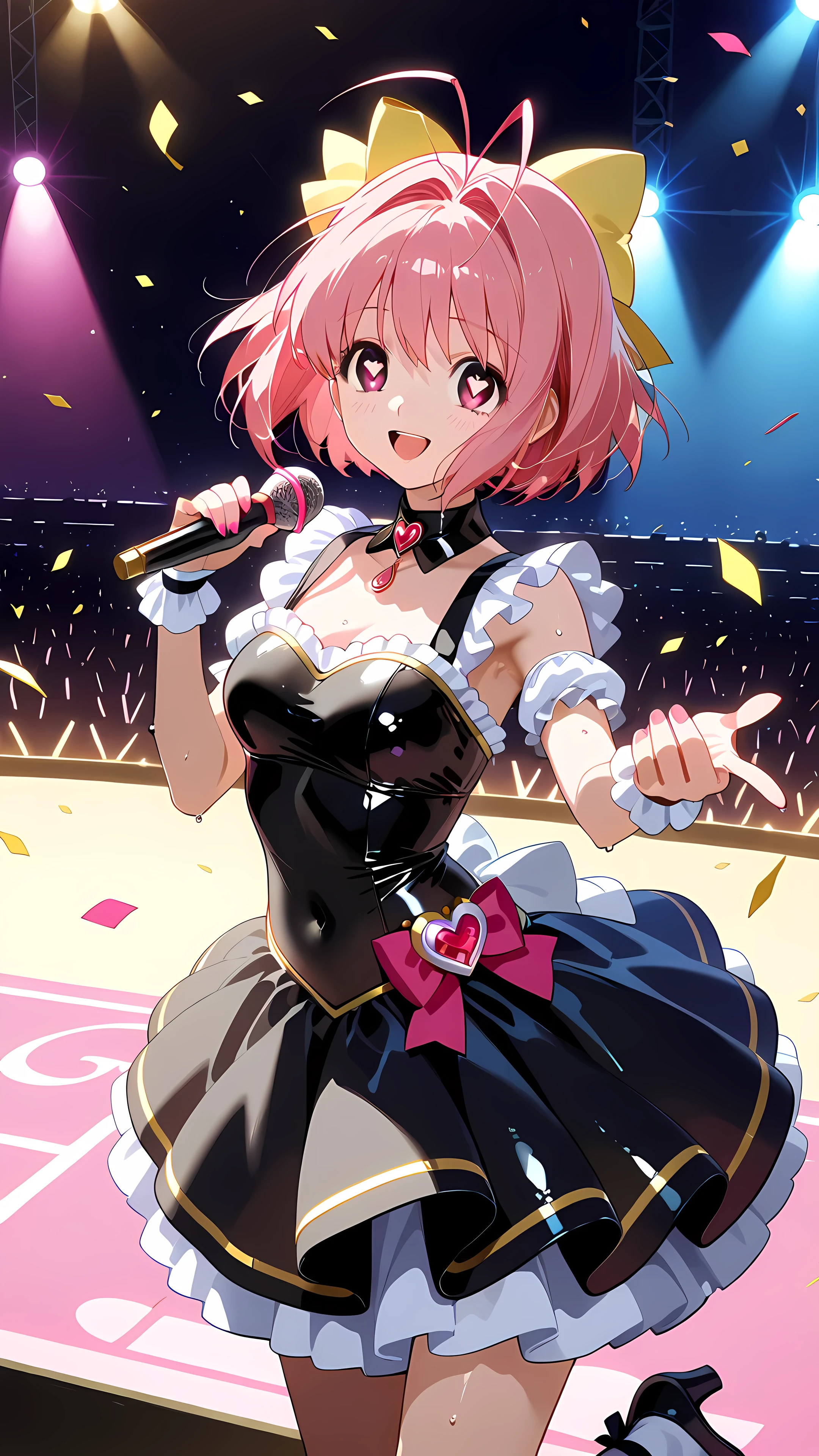 {kanon nakagawa}, short hair, (pink hair), {yellow hair bow}, (pink eyes), [heart eyes, heart-shaped, shiny heart eyes], antenna hair, Perfect anatomy, (She is the most Famous age Japanese idol girl), Idol girl wearing a intricate latex dress and dancing on stage with confetti, realistic and intricate idol dress,The torso of the idol dress is realistic and intricate, decorated with holographic colors., busty, B86, W56, H85, sweating:1.37, armpit, Armpit sweat, Navel, {viewfinder}, Photo credit：Camagurkha, pixiv Contest Winner, Conceptual Art, Night-core, Splash art anime , Sparkling Magical Girl, Best Anime 4K Konachan Wallpaper, Anime Moe Art Style, Detailed Key Anime Art, Official artwork, cute, cute in dress, Anatomically correct hand fingers, Anatomically correct five fingers of the hand, Show your hand, pink nails, Anatomically correct five fingers of the left hand, Jump, JK, Super detailed, Extremely detailed, masterpiece, high quality, best quality, add a Heart Effect