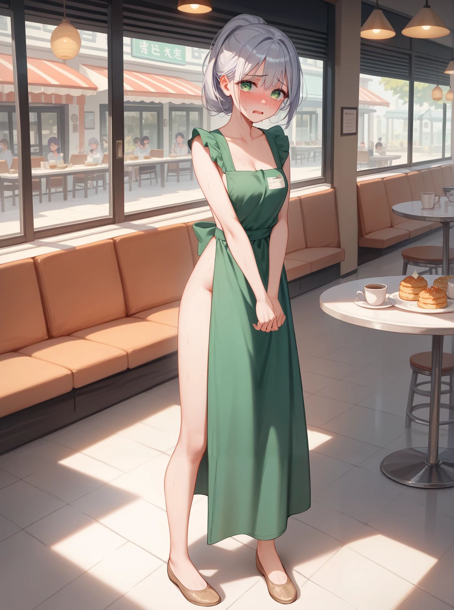 ((masterpiece)),
((best quality)),
((high quality)),
((ultra high res)),
((female)), silver hair, nude, sad, cry, bashfulness, blushed, full body, open mouth, ((eyes widen)), nervous sweating, in the cafe, look at viewer, waitress, Green apron