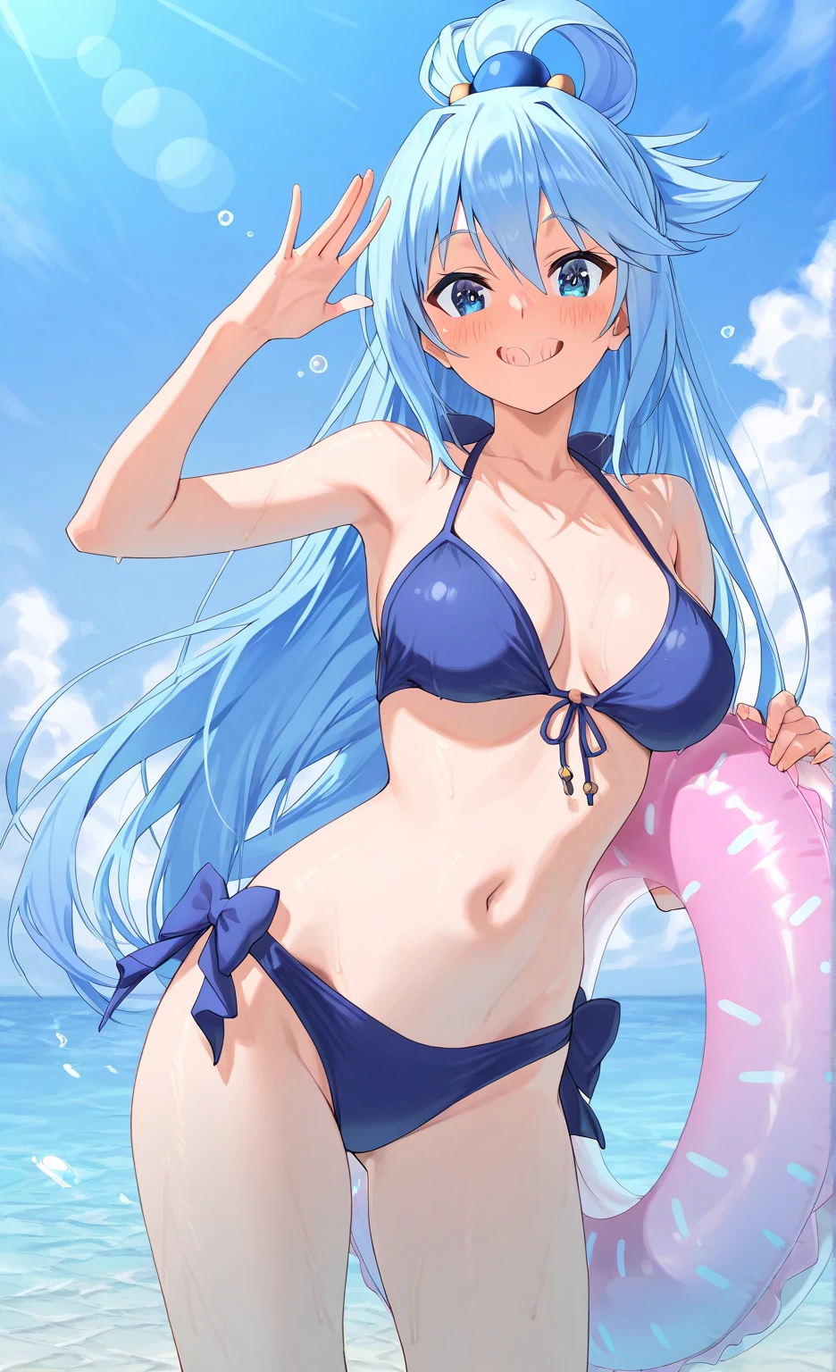 ,Anime screenshots、Anime Coloring、Outdoor、blue sky、Anime Girls、solo、Long Hair、Blue Hair、Blue Eyes、Cowboy Shot、smile、looking at viewer、hair ornaments、Hair Ring、bikini、blush、Big Breasts、cleavage、Girls with very large breasts、collarbone、belly button、midriff、Open your mouth、(Beach:1.3)、water、bikini top with an light blue、bikini bottom with an light blue、Single Hair Ring、in a triangle bikini、Water splash、Thighs、