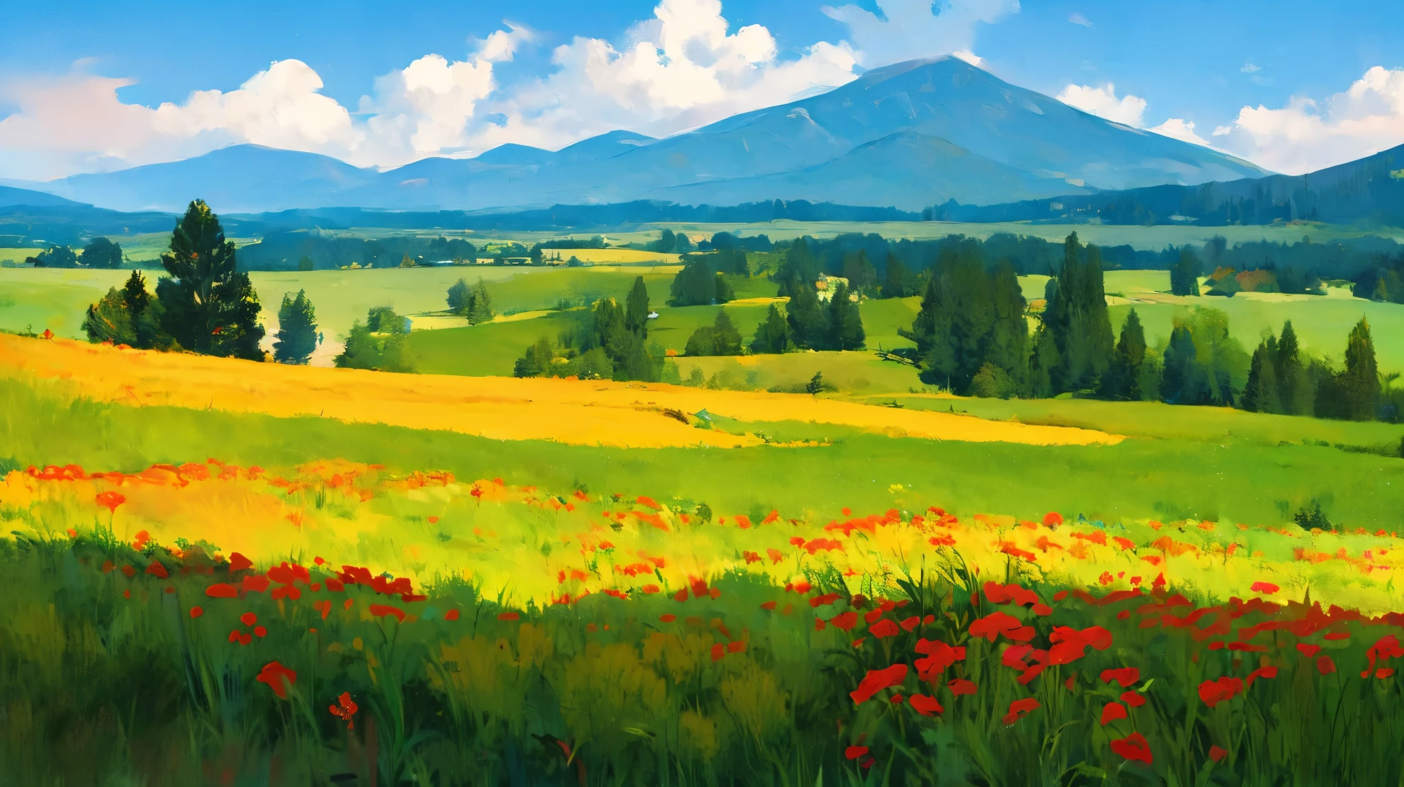 A is drawing with paint,Background meadow, Sky, looks up at the , Distant Scenery