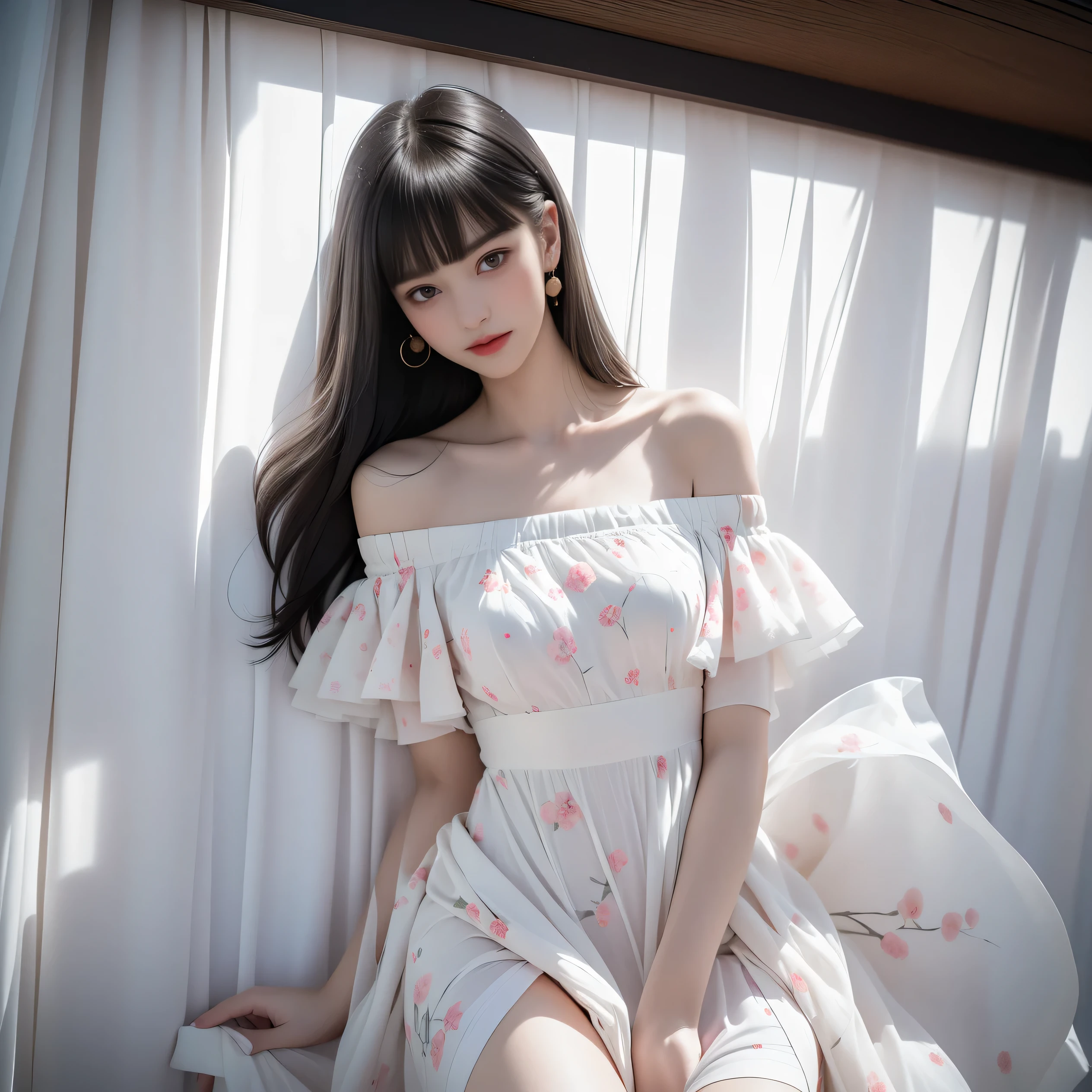 Araffe asian woman in a white dress sitting on a bed - SeaArt AI
