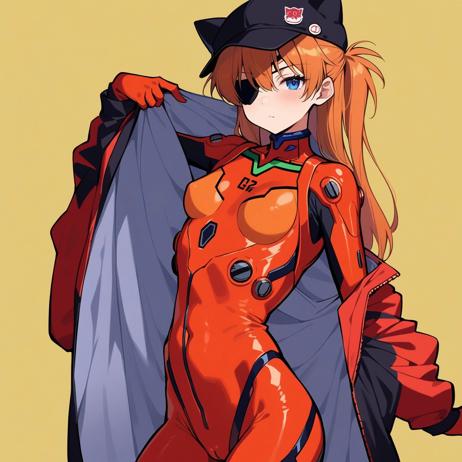 8K wallpaper、Masterpiece, best quality , yellow background,, 1 girl, Alone, character、 Neon Genesis Evangelion 、 Shikinami Asuka Langley、 orange hair、 blue eyes、 RED PLUG SUIT 、 eye patch 、(Cat hat、black) high detail, anatomically accurate, cowboy shot