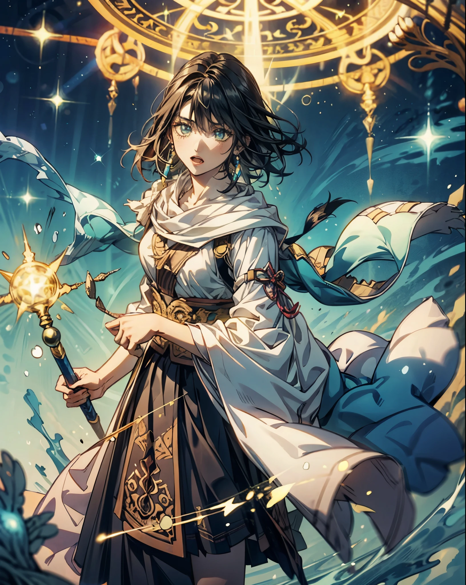    top quality , High Definition ,rpg character,Priest, Elegant look,  cold eyes,  black hair,  short hair, 1 girl, Solemn,  red eyeliner ,  black skirt, bangs, Thighs,  Wizard-like Clothes ,  Pretty bright blue clothes with yellow lines, Ornamented Wand ,Singing,Magic circle around the torso, rough breathing, fluorescence,  gradation colored eyes,  earrings for women with first name, Glowing Wand , glitter effect,  ANATOMICALLY CORRECT ,  very detailed, Magic Circle