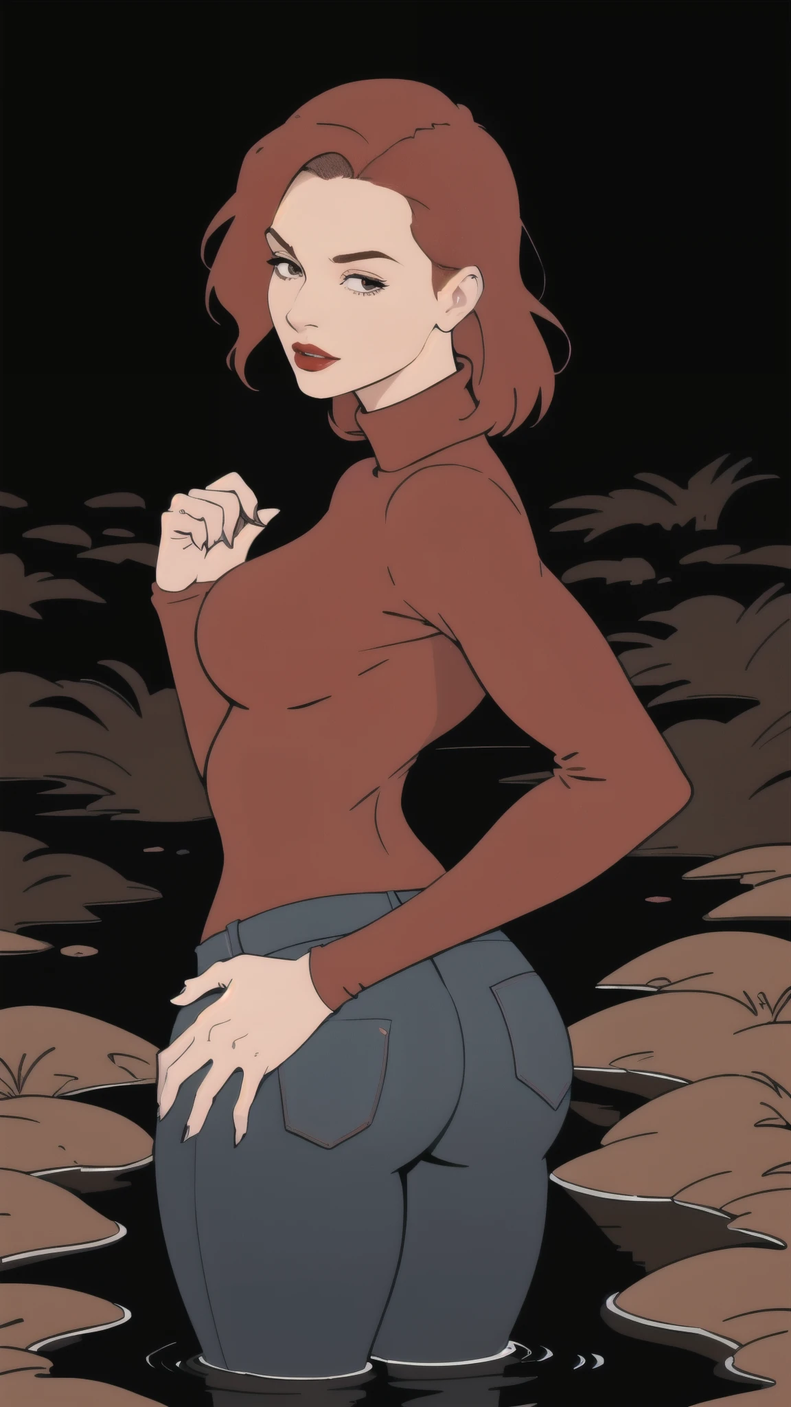 mature woman red-haired, simple vector illustration, standing, jeans, turtleneck drowning in tiny bog, close-up, artistic composition, red lips, black background, desperately sensually grab her bum bottom, sexual tension,