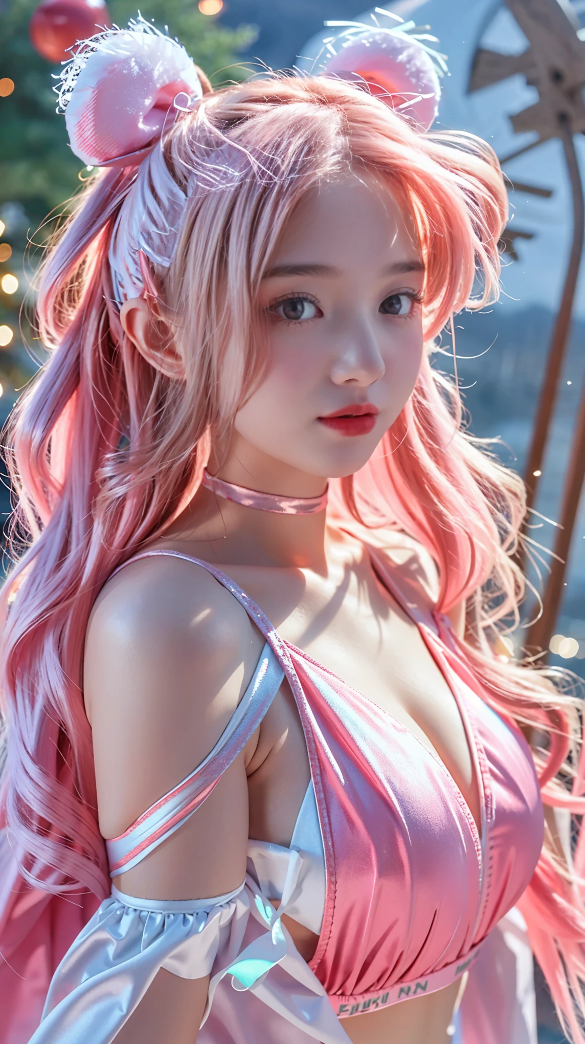 Adorable , Gorgeous , Beautiful , Russian , (Large Colossal Breasts) , 27 Years Old , White Skin , Bunny Cosplay Suit , Bunny Headband , Front Facing , Potrait , Top of The Mountain Background , Wind , ((Muscles:1.1)) , Long Hair Bangs , Blue Eye , ((Night:1.3)) , Standing , HDR , Ultra Detailed , EF 24-70mm f/2.8L II USM