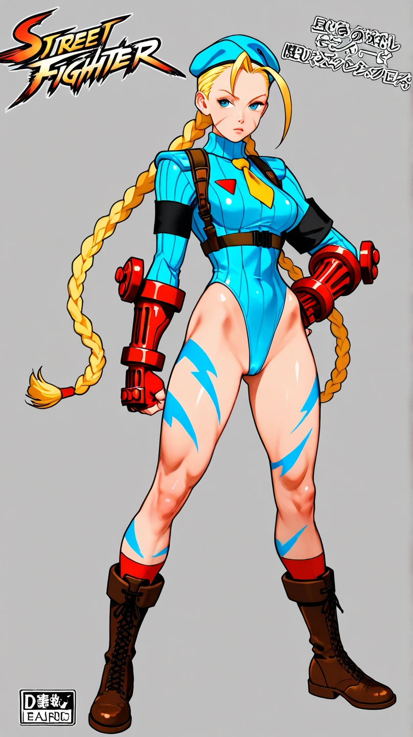 full body, Cammy White (from anime Street fighter) completamente desnuda mostrado pezones y vagina, Slender body, poscion de combate, de pie, estilo comic, textura acuarela