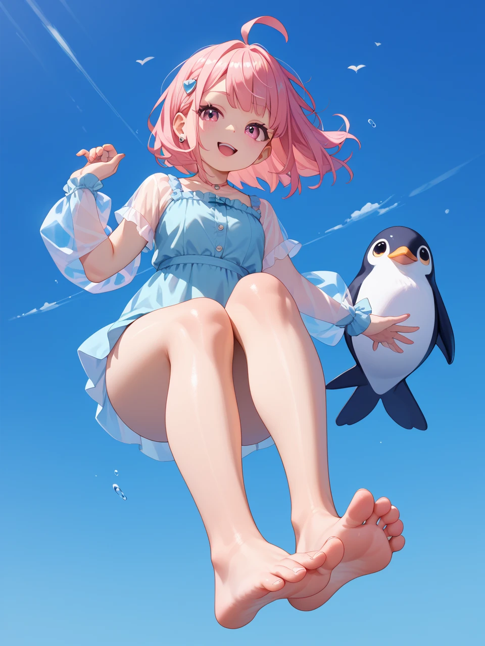 baby pink hair,quadratic element,huge tit,ssmile,tightsuit,beachside,duck sitting