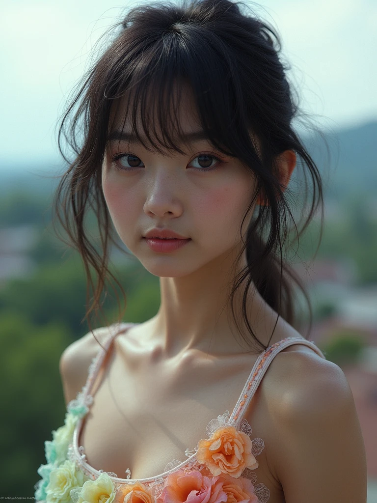 Unclear、petite person、(Long white silk camisole、white panties)、Outside the field、(Slimed、small tit、flat boobs、small tit)、Photorealsitic、detaileds, Skin Texture, ultra-detailliert、Delicate and sexy collarbone、Super Detailed Face、Detailed lips、A detailed eye、二重まぶた、14 years old girl、Sexual facial expressions、Wet body、Squatting and peeing、Bun hair、If you are almost your