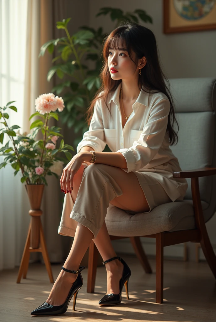 Full body image,Each point of view that presents the heel part of a young girl's high heel,包含女孩穿著高跟鞋的樣貌的Full body image, Viewpoint close to the ground , real photo ,original photo,Shiori Suwano,A girl's face ,Doll-like perfect face,Long straight hair, Smooth hair flying with the wind ,blunt bangs,Full of poetry,Youthful ,Delicate,sinuous,There are so many different styles, Design , Sexiest in the world ,Bright eyes looking at the audience below the stage, Extremely bright and shiny dress ,Stylish and well-fitting dress , Asian Girl , very tall girl ,Very skinny girl ,Supermodel's body, Perfect model shooting pose , the highest thinnest heel,Perfectly Correct Heel Shape,The Sexiest Heel Seduction,All men's poses,Perfect professional model performance , anatomically perfect , in the office,Correct shoe shape ,Natural Reasonable Posture,masterpiece, most detailed detail , Perfect details presented ,16K resolution,Represents the angle and posture of the side of the heel,The most perfect eye makeup , very noticeable charming big eyes , Huge ,Doll-like perfect five-pointed ,Fairy Descends, can perfectly handle a variety of high heels, Let the heels perfectly match the girl's pose ,Clearly visible thick makeup , and thin and long legs , Snow-white and smooth skin girl wearing patent leather heels, reveals the angle and posture of the side of the high heels. (((Office Interior,Flowers,bright light, to clearly show the girl's bright red lips,Girl sitting showing her clothes and high heels,One hand holding a small drawing board, Holding a sketch pencil in one hand,Staring in the direction outside the lens,A pose full of personality. The angle of the toe is visible on the side of the heel ,You must be able to see the high heels the girl is wearing, shirt,Loose silk cropped trousers with suspenders,Clearly visible cropped pants shape,Black Ultra Slim Pantyhose , different color heels, the highest thinnest heel, The thin and long heel part is made of metal))). (((Extremely ,瘦高的,Cold-tempered , The most professional female model in the world , Do all kinds of sexiest poses ,Brand Pointed Heel Super High Heels,The most fitting shoe shape , the most fitting pointy head , clearly visible skin tone ultra thin stockings,Bracelet,necklace,earrings, very fit and very nice clothes, Delicate French Nail ,Very attractive posture , Leg lines are very round and charming , skin very snow-white and smooth , Body very healthy and confident , pose must be the most natural and vivid:1.7))).