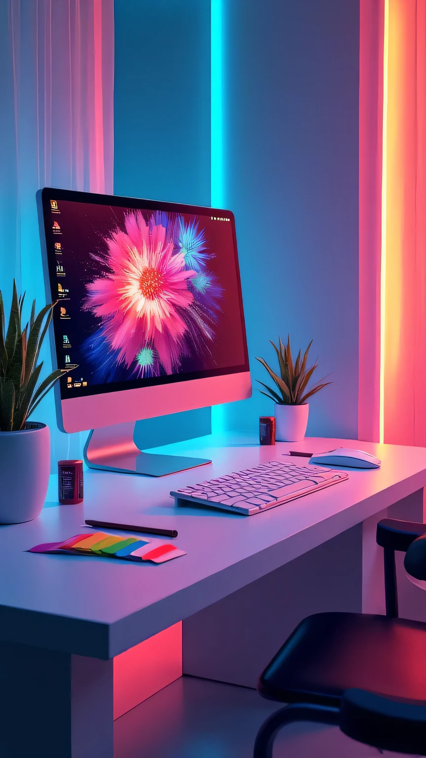 A digital artwork showcasing a futuristic, creative workspace. Include elements like a glowing desktop screen displaying vibrant branding visuals, scattered color swatches, and 3D logo mockups. Use a mix of metallic and vibrant colors with clean, professional aesthetics.