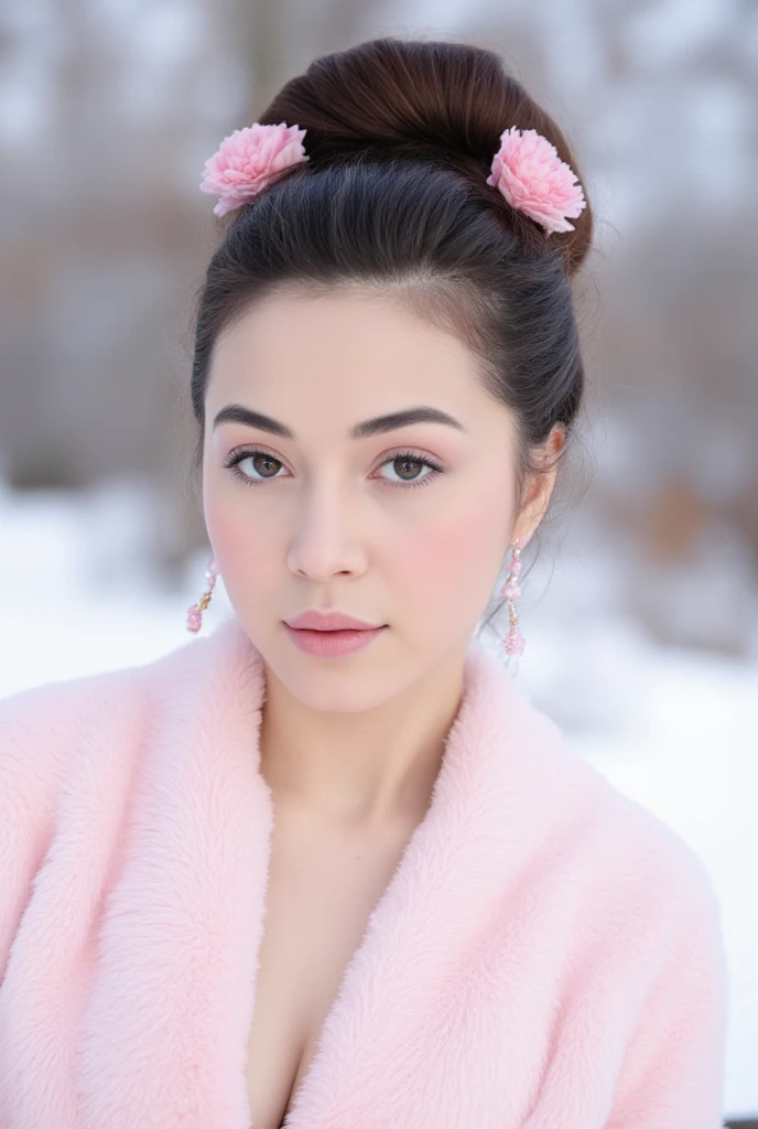 Close-up of a young woman with a traditional Chinese-style hairstyle and attire.
Her hair is dark brown and styled in a high, elaborate bun, adorned with two delicate pink flower blossoms. Elegant, beaded earrings dangle from her ears.
She has a fair complexion, noticeable cheekbones, and large, expressive eyes. Her makeup is subtle and enhances her features, giving her a soft, delicate appearance. Her lips are a light, natural pink.
The woman is wearing a soft, light pink, faux-fur robe or shawl that drapes over her shoulders and chest, extending down around her body. The fur appears plush and textured.
The background is softly blurred, suggesting an outdoor setting with a possible snowy or frosty backdrop, which is not very detailed. The overall impression is of a stylistic portrait, possibly from a fashion shoot, showcasing traditional Chinese beauty aesthetics.