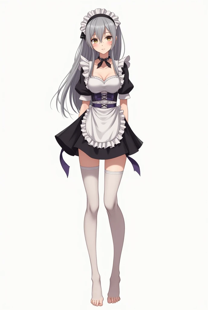 female, standing, right, long_hair, disordered_hair, white_hair, maid in armor, metallic high heels, drow elf, grey skin