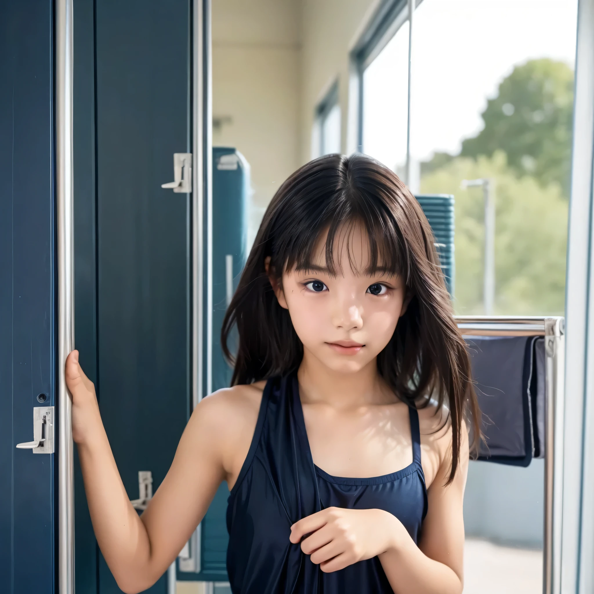long hair,  changing in school locker room, wearing dark blue silk swim wear, upper body, small eyes, make up,mana