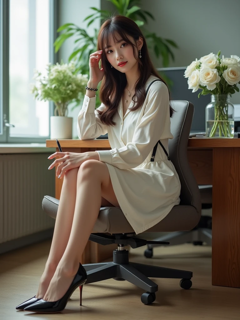 1 Girl,office,Sitting in an office chair,Soft Light,Chinese Beauty,Tight Fit,dress,Dark-haired,long hair,