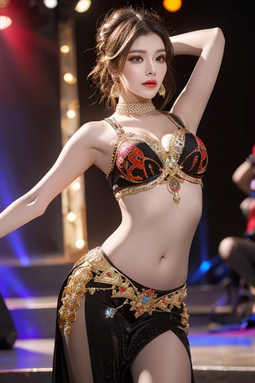 Emma Stone,stage,belly dancer,chubby big breast:1.3,breast out,naughty seductive pose,vivid colors,best quality,masterpiece,high resolution