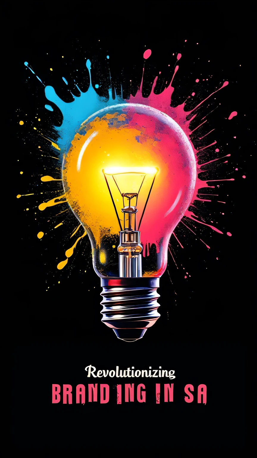 An abstract representation of creativity and innovation. A glowing light bulb shattering into vibrant splashes of colors like cyan, magenta, yellow, and black, symbolizing a ‘creative revolution.’ Use a black background for contrast and highlight the text ‘Revolutionizing Branding in SA’ in bold modern font.