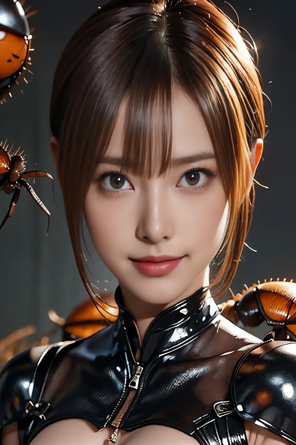 masterpiece、 best quality 、 high resolution、 more details、Super Shiny、Oily luster、ゴキブリと女性のFusion、 female cockroach morphology 、Cockroach woman 、Fusion、Operation Alone、 gals、 Perfect Female Ratio 、 wicked smile 、 cute、Cockroach Antennae 、ゴキブリと外骨格スーツのFusion、 dark mahogany skin 、Short Hair、Crustaceans、Arthropods、 enemy hideout background 、 evil organization style background 