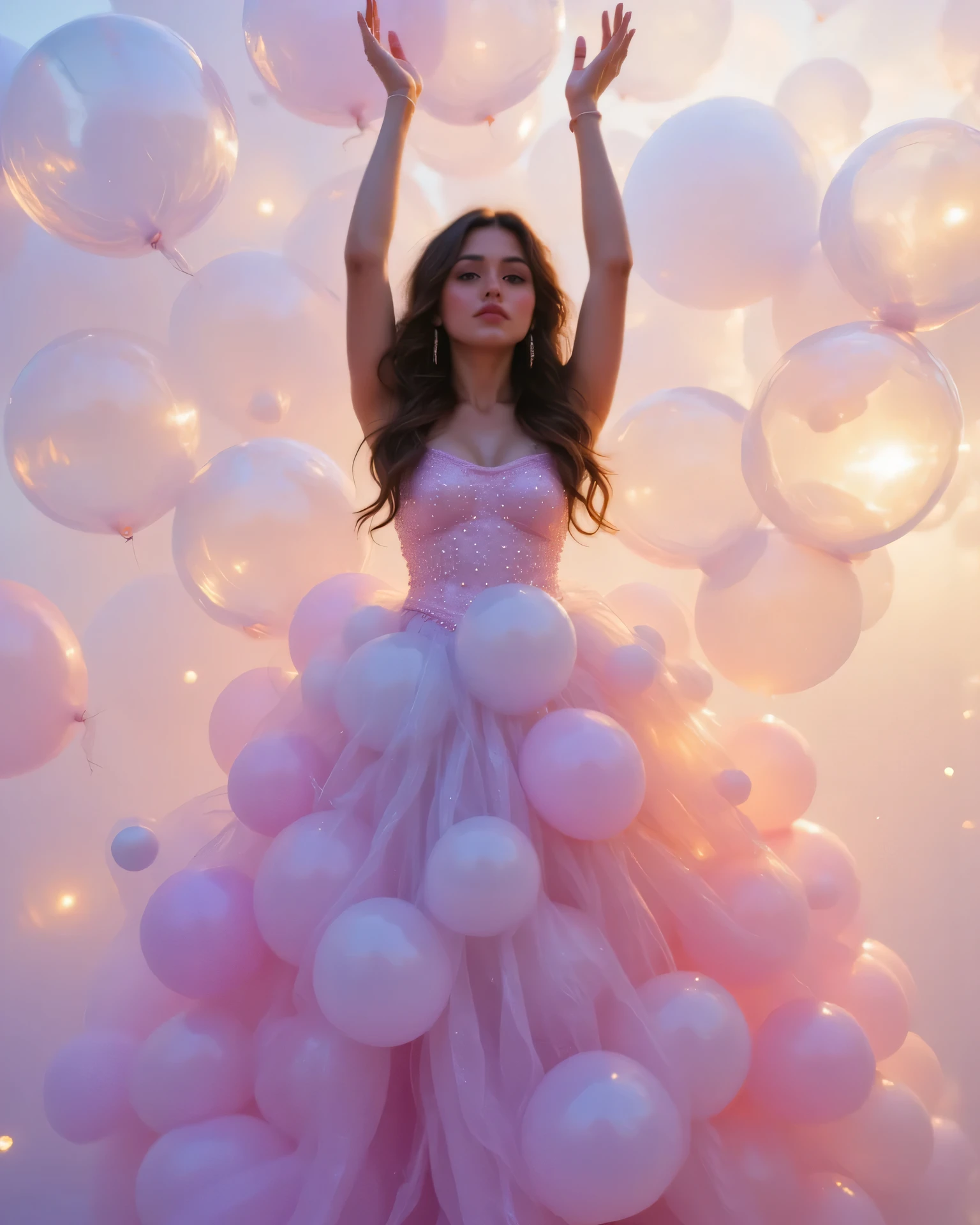 A young woman of Latin ethnicity, in her twenties, with a delicate face and serene expression, wears a long, flowing dress made of pastel-colored balloons: soft pinks, light blues, and pale yellows. Her body is in an elegant contortion, with her arms extended upwards, holding translucent bubbles that float around her. Her dark, wavy hair cascades over her shoulders, adorned with sparkling beads that reflect the light. The setting is dreamlike, with a hazy sky in lavender and gold tones, where giant bubbles and surreal structures float in the air. The ground is covered in a soft mist that blends with the colors of the dress. The perspective is frontal, with a focus on her face and the texture of the balloons, which seem to vibrate with an internal light. The lighting is soft and diffused, creating an ethereal and magical atmosphere. The style combines elements of surreal fantasy with a touch of avant-garde fashion, evoking an atmosphere of dreaminess and elegance.