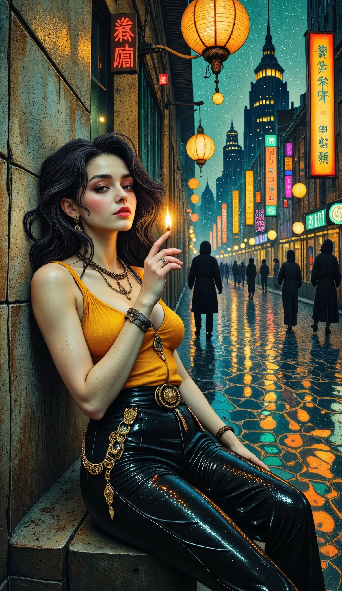 ( masterpiece , envelopes, High resolution, 32k wallpaper, CG extremely detailed :1), (Very detailed and perfect illustration . :1.0), ((Una mujer joven y hermosa de Cyberpunk Cyberpunk clothes top amarillo, Cyberpunk clothes, dynamic and sensual pose , resting on a wall with one leg resting on the wall : 1.5, Head tilted forward lighting a cigarette : 1.4, illuminated by cigarette light on his face )),((cyberpunk clothing, leather upper pants with ornaments and bright colors cyberpunk night city)), neon signs, Futuristic cars, dark place, heavy rain , (( Wet clothes, magenta neon lights that perfectly illuminate the young man :1.45).