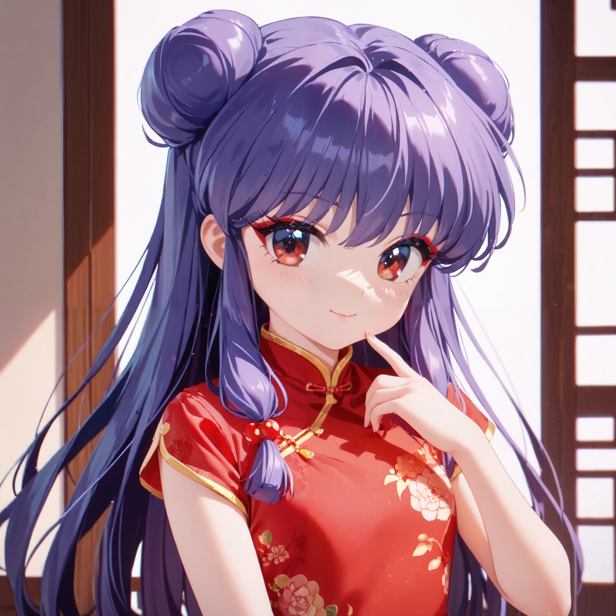 masterpiece, top quality , perfect face, Highest Resolution, 8k, 1 Girl, young, shampoo (Ranma 1/2), young, red eyes, long hair, purple hair, Detailed depiction of bun knot hair , Red eyeshadow, China Dress, I love you, A face in love, affectionate face
