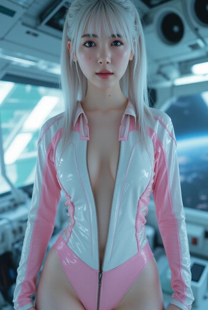 Beautiful cybernetic girl, similar to Marilyn Monroe, slender, curvy, with pink long curly hair, breasts of 3 sizes, pierced nipples, pierced clit, futurism, cyberpunk, steampunk, dressed in a white and gold latex shiny futuristic suit with space elements, in places with exposed parts of the body, exquisite erotica, sitting in the elephant of a futuristic boat, a futuristic city is visible from the window, night, neon lights, cinematic quality, masterpiece, high quality photo
