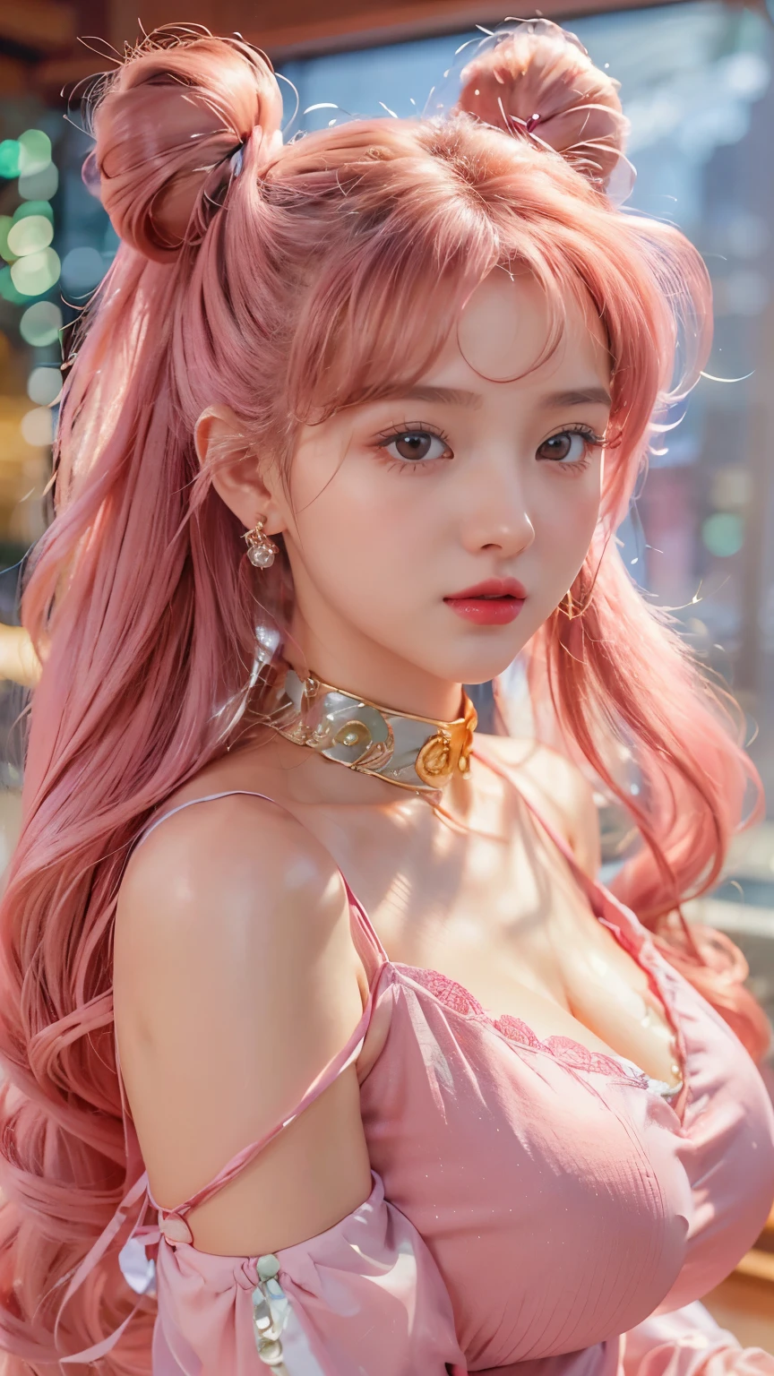 Adorable, Charming, Beautiful, Russian , (Huge Giant Breasts), 25 Years Old, White Skin, Sailor Chibiusa Cosplay Costume, Front Facing, Portrait, Mountain Peak Background, Wind, ((Muscle:1.1)), Long Bangs, Blue Eyes, ((Night:1.3)), Standing, HDR, Highly Detailed EF 24-70mm f/2.8L II USM. A highly realistic depiction of a young Japanese woman with long, flowing pink hair, styled in two buns, inspired by anime aesthetics. Her skin is smooth and her cheeks are rosy. She is adorned with an elegant crescent moon symbol on her forehead and is accessorized with golden crescent moon earrings and a choker necklace featuring a pearl pendant. She wears a sparkling pink satin dress with iridescent details that catch the light beautifully, emphasizing its luxurious texture. Her large, expressive green eyes gaze softly forward, surrounded by long, trembling eyelashes. large breasts, firm breasts, thin lips, glossy lips. Blurred background. realistic, best quality, ultra HD.