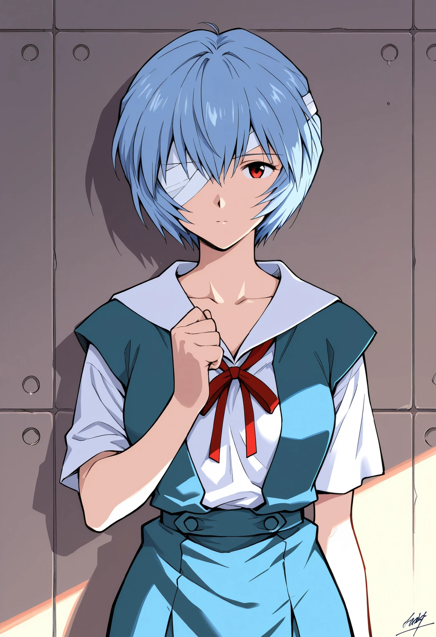high resolution picture of a mature woman, masterpiece, best quality, amazing quality, 1girl,ayanami rei,short hair,blue hair,bandages,school uniform,solo,bandage over one eye,red eyes,ribbon,looking at viewer,tokyo-3 middle school uniform,shirt,short sleeves,closed mouth,neck ribbon,clenched hand,white shirt,cowboy shot,hand up,skirt,red ribbon,bandaged head,suspender skirt,expressionless,bangs,collarbone,signature,standing,bow,suspenders,arm at side,