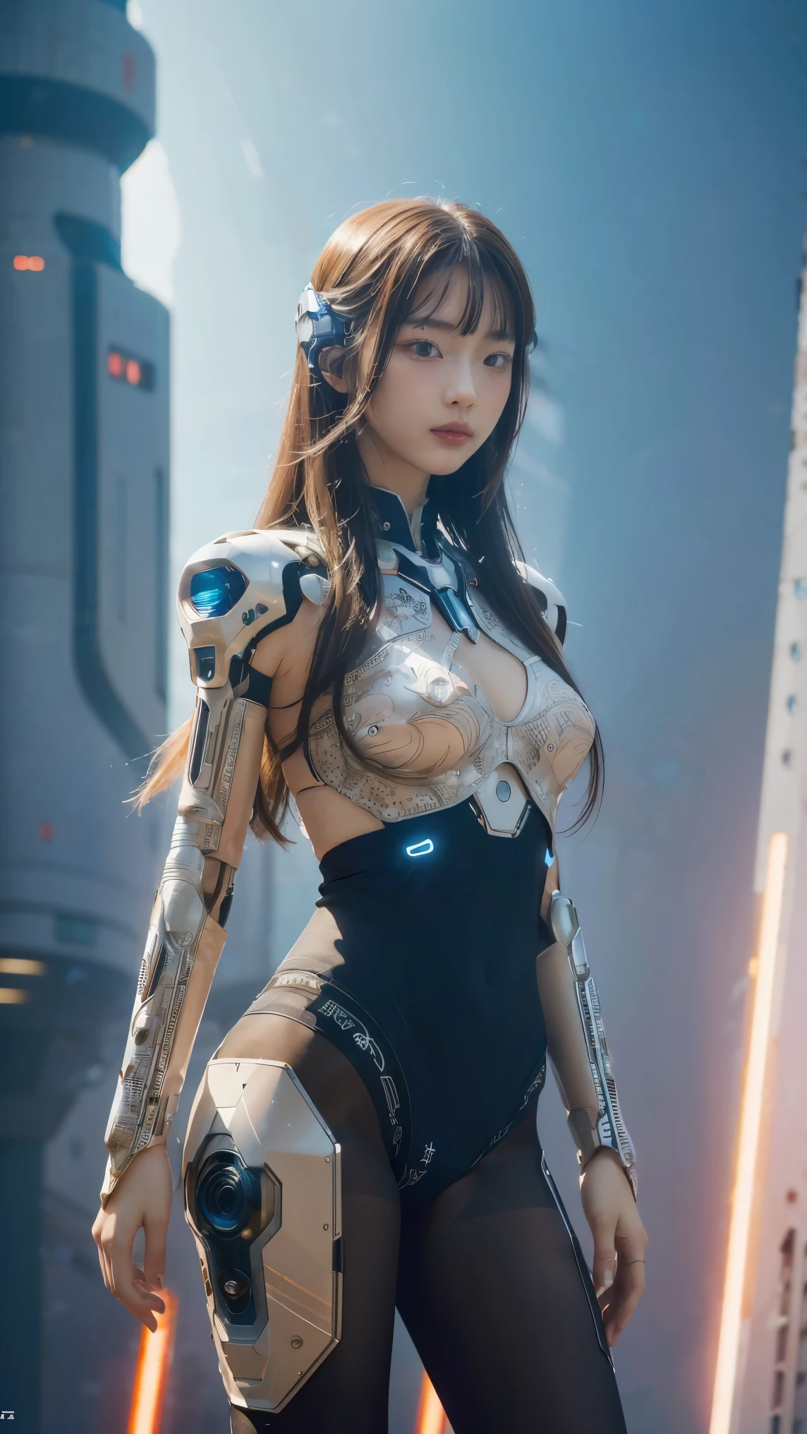 (masterpiece, top quality, best quality, official art, beautiful and aesthetic:1.2), (1girl), (fractal art:1.2),absurdres, highres, ultra detailed, Ultra-precise depiction, solo, (zentangle:1.2), floating hair, shiny skin, (abstract:1.2), pantyhose,looking at viewer, cyberpunk robot, complex robot, halo,